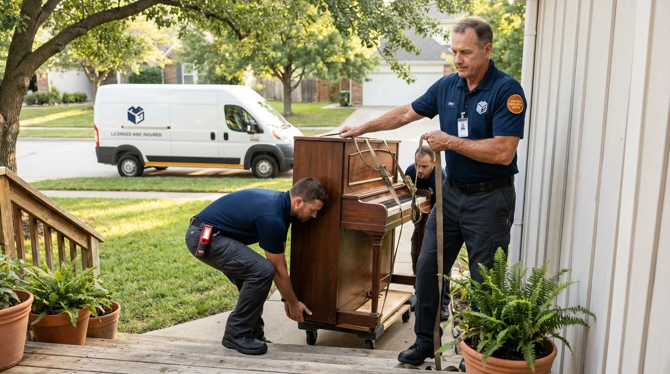 Licensed piano movers securing grand piano in Story City, IA
