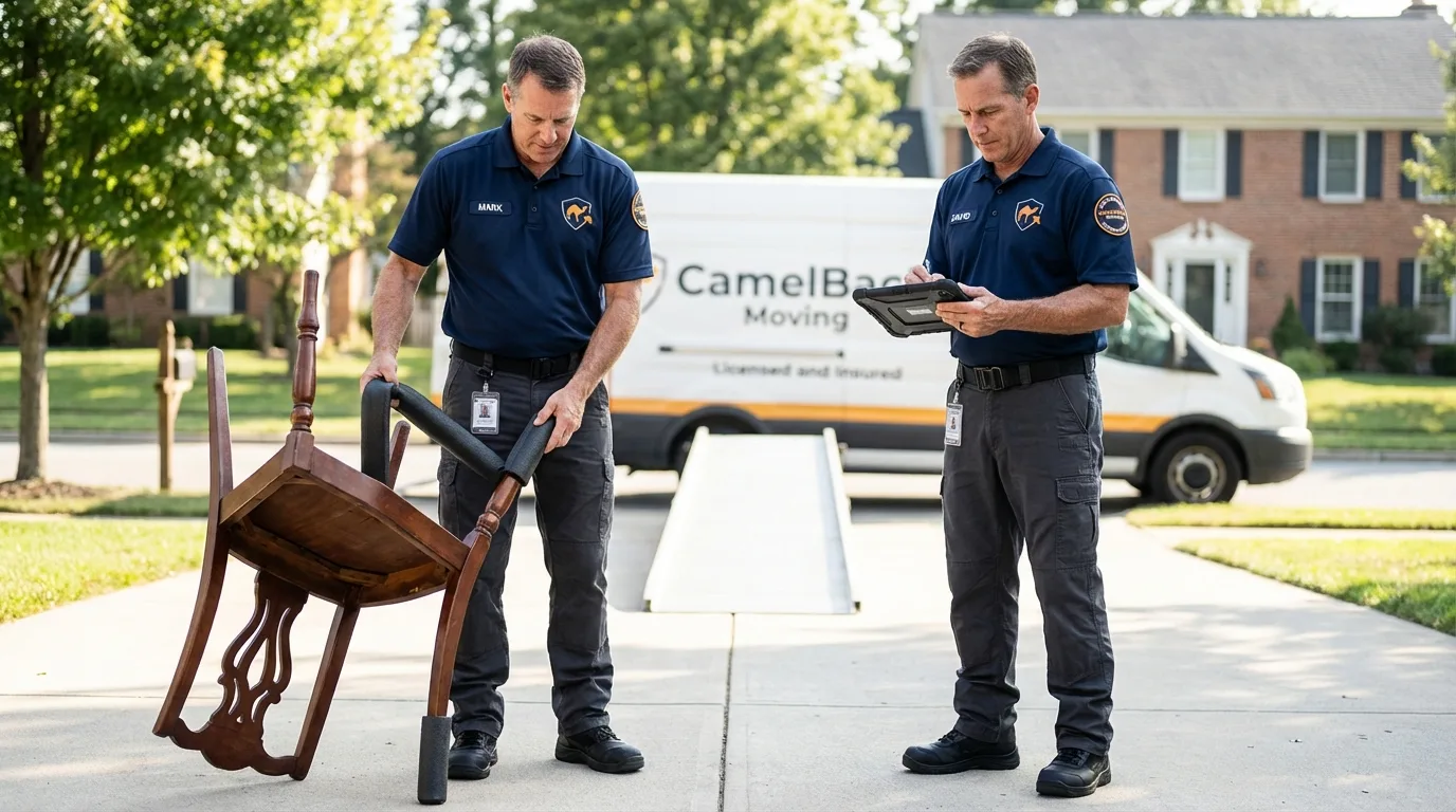 Movers inspecting furniture for damage prevention before loading in Story City, IA