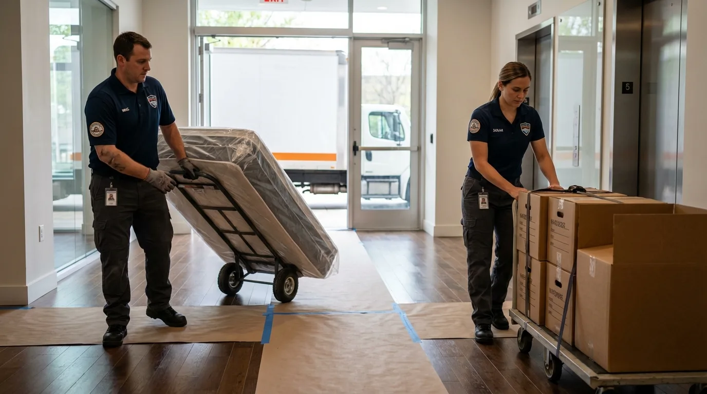 Professional apartment movers loading elevator in Story City, IA