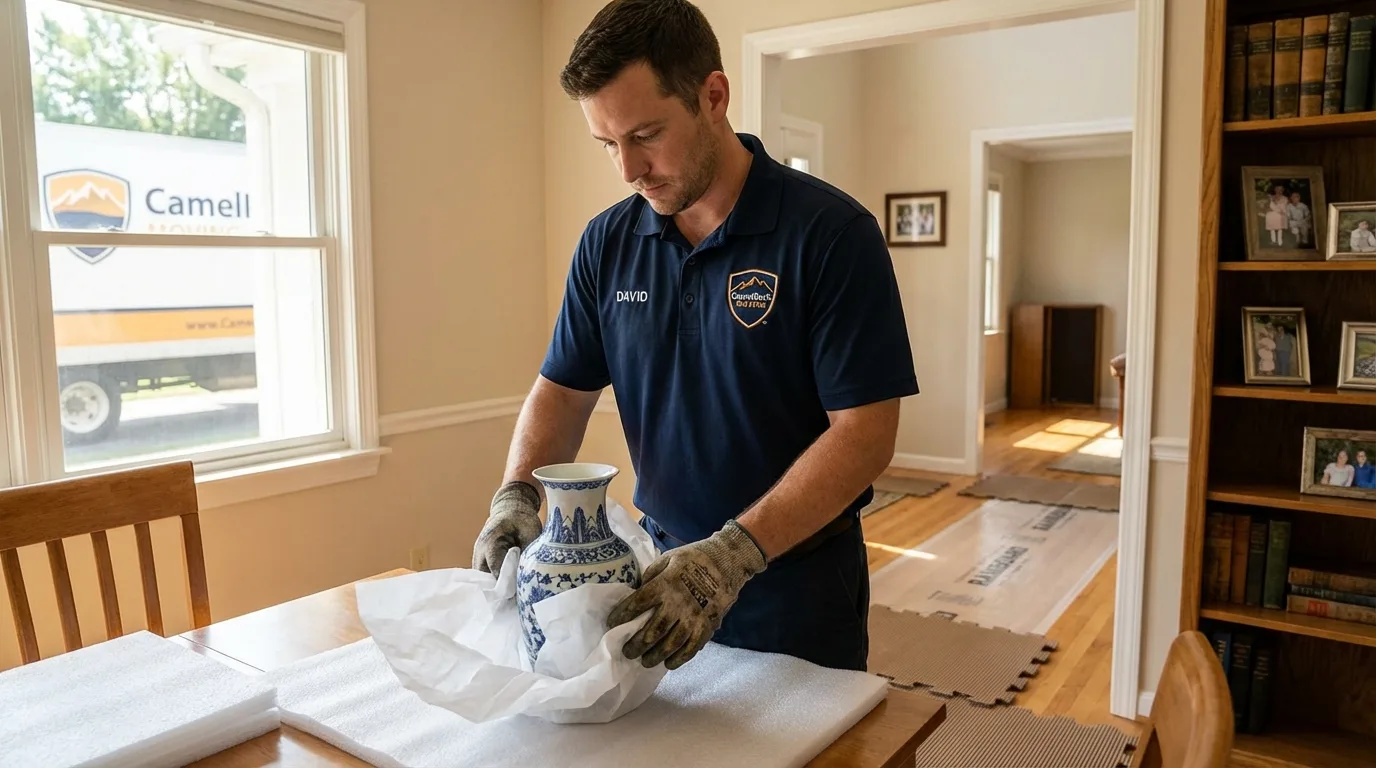 Professional crew carefully wrapping antique vase for senior downsizing move in Story City, IA