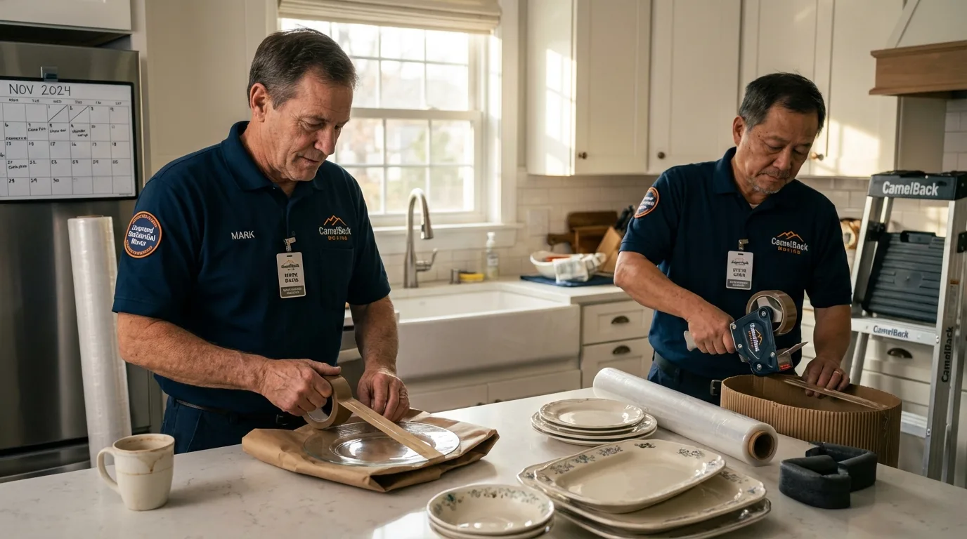 Professional crew packing kitchen dishware in Story City, IA
